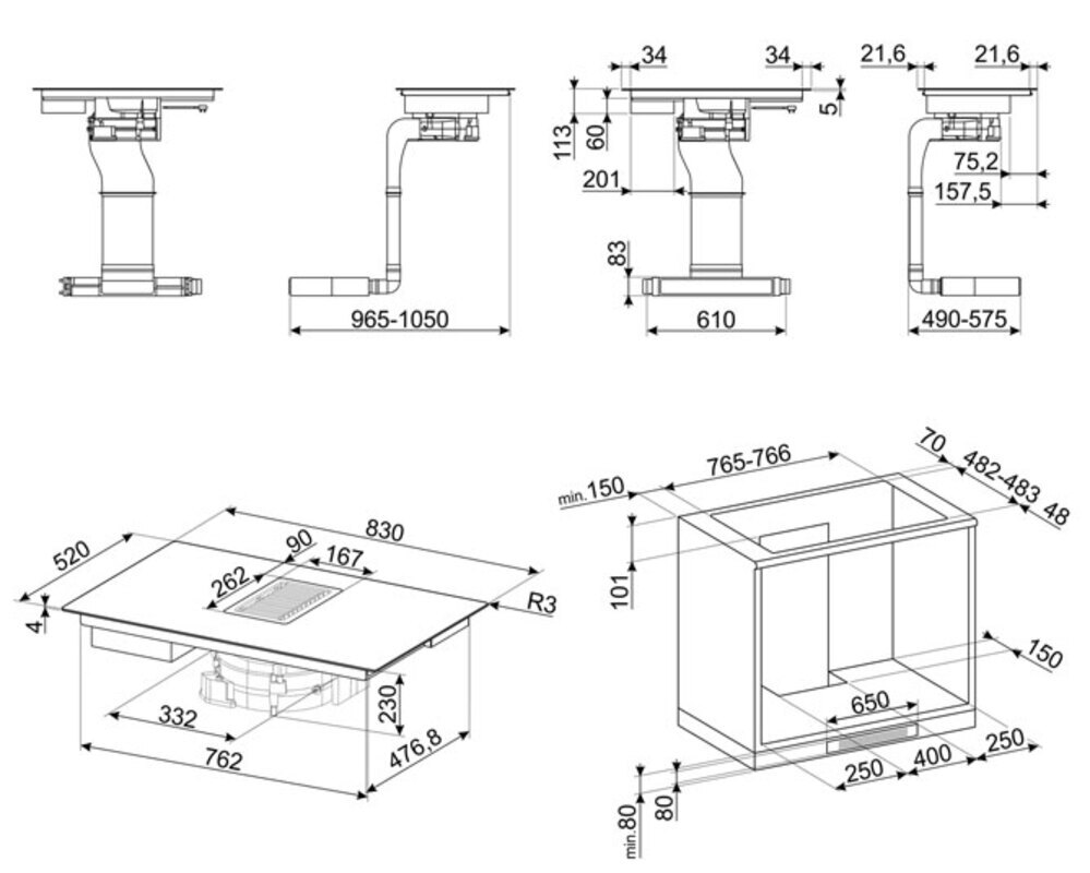 SMEG HOBD482D2 Индукционная варочная панель со встроенной вытяжкой, 80 см, Multizone, прямой край