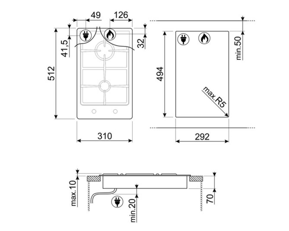 SMEG PGF32G Газовая варочная панель, 31 см,нержавеющая сталь, фурнитура серебристая.