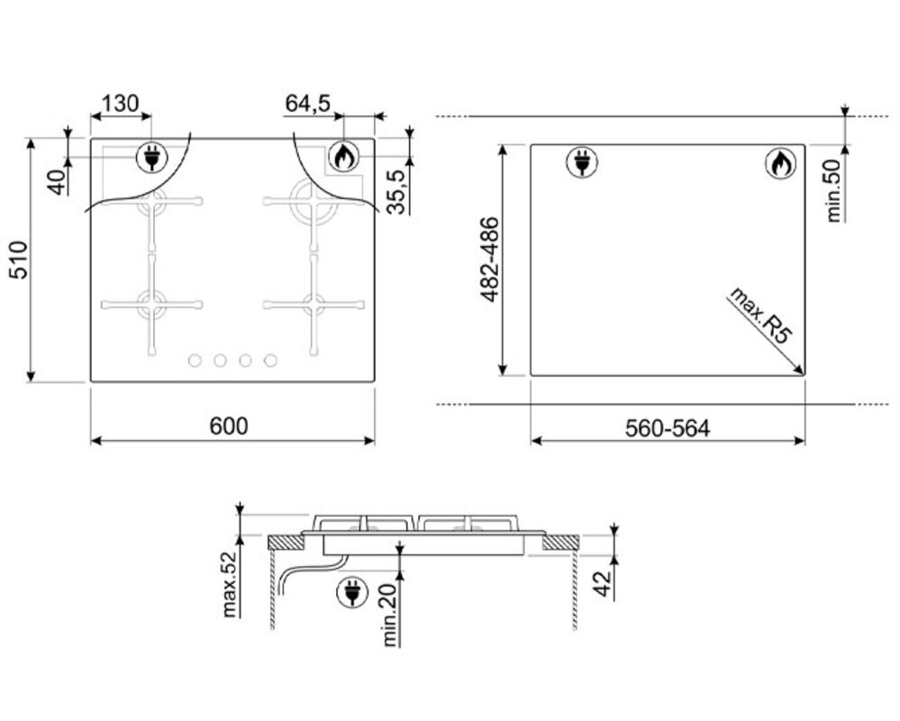 SMEG PV264B Газовая варочная панель, 60 см, чёрное стекло, прямой край.