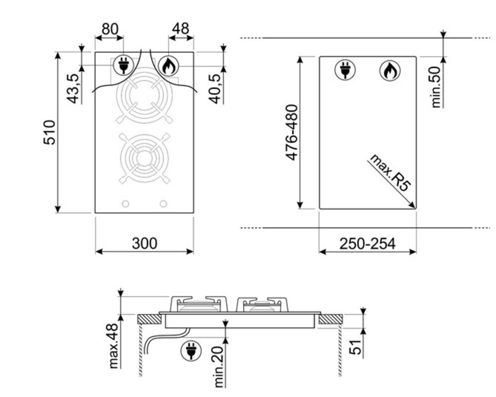 SMEG PV332CN Газовая варочная панель, 30 cм, черная стеклокерамика