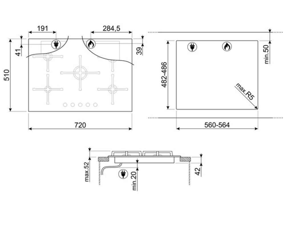 SMEG PV375N Газовая варочная панель, 72 см, чёрное стекло, прямой край.