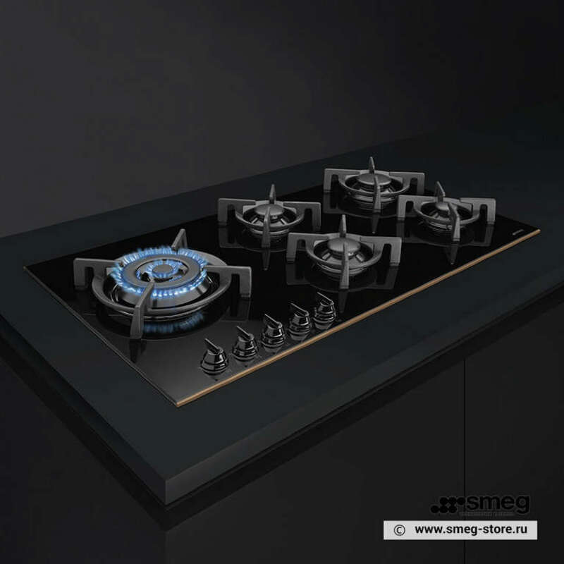 SMEG PV695LCNR Газовая варочная панель,90 cм, черная стеклокерамика, профиль медный