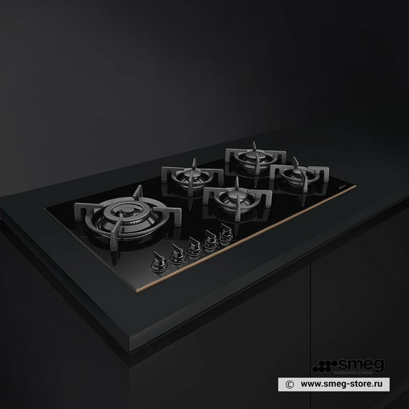 SMEG PV695LCNR Газовая варочная панель,90 cм, черная стеклокерамика, профиль медный