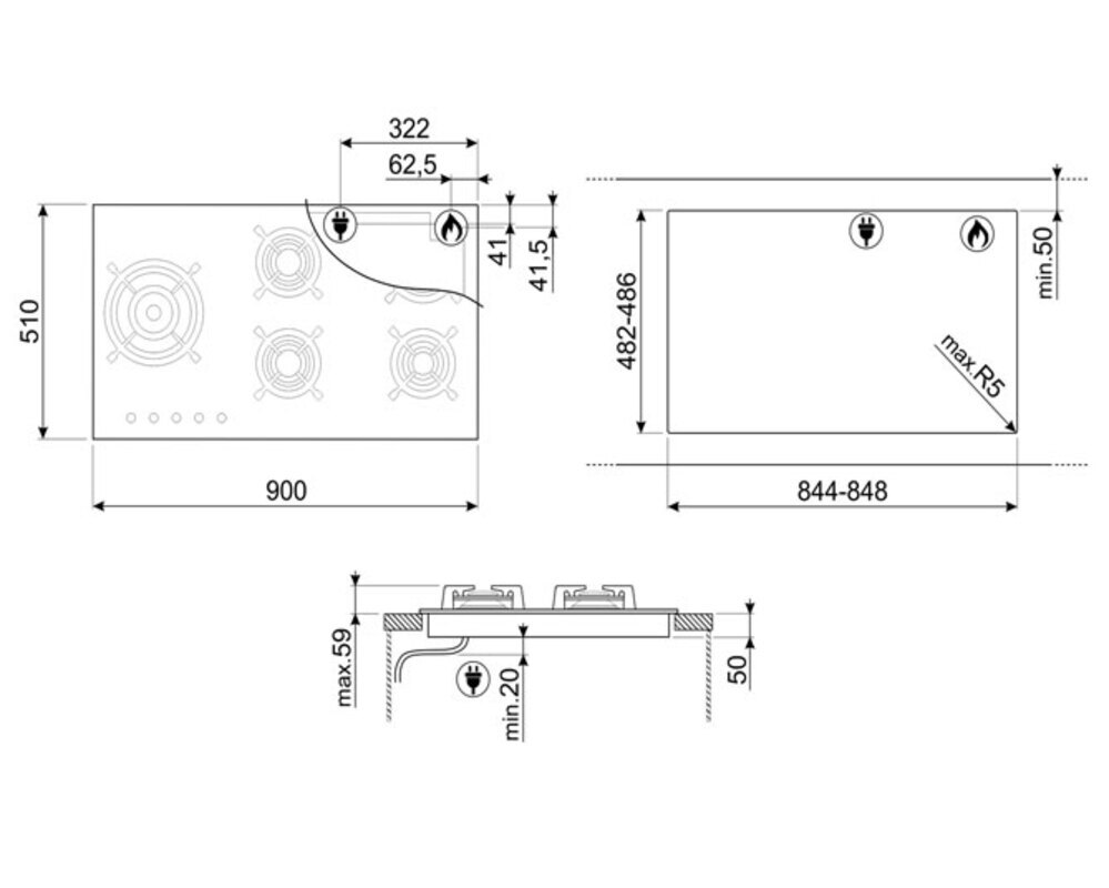 SMEG PV695LCNR Газовая варочная панель,90 cм, черная стеклокерамика, профиль медный