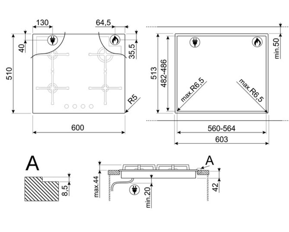 SMEG PV864PO Газовая варочная панель, 60 см, цвет кремовый, фурнитура латунная, прямой край