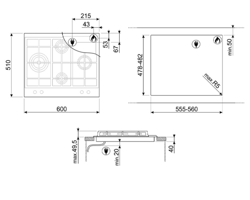 SMEG PX364LMB Газовая варочная панель, 60 см, цвет чёрный матовый