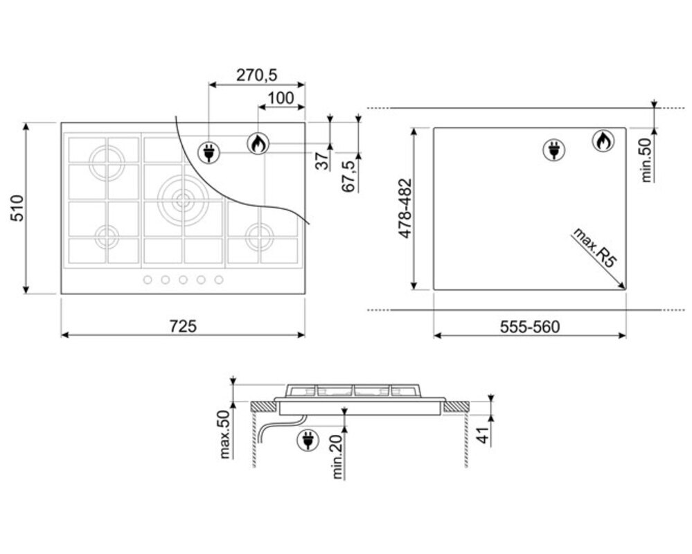 SMEG PX375MB Газовая варочная панель, 72,5 см, цвет чёрный матовый