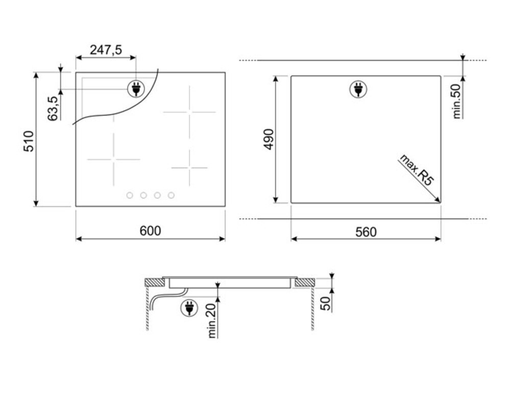 SMEG SE364ETBM Стеклокерамическая варочная панель,60 см, скошенный край