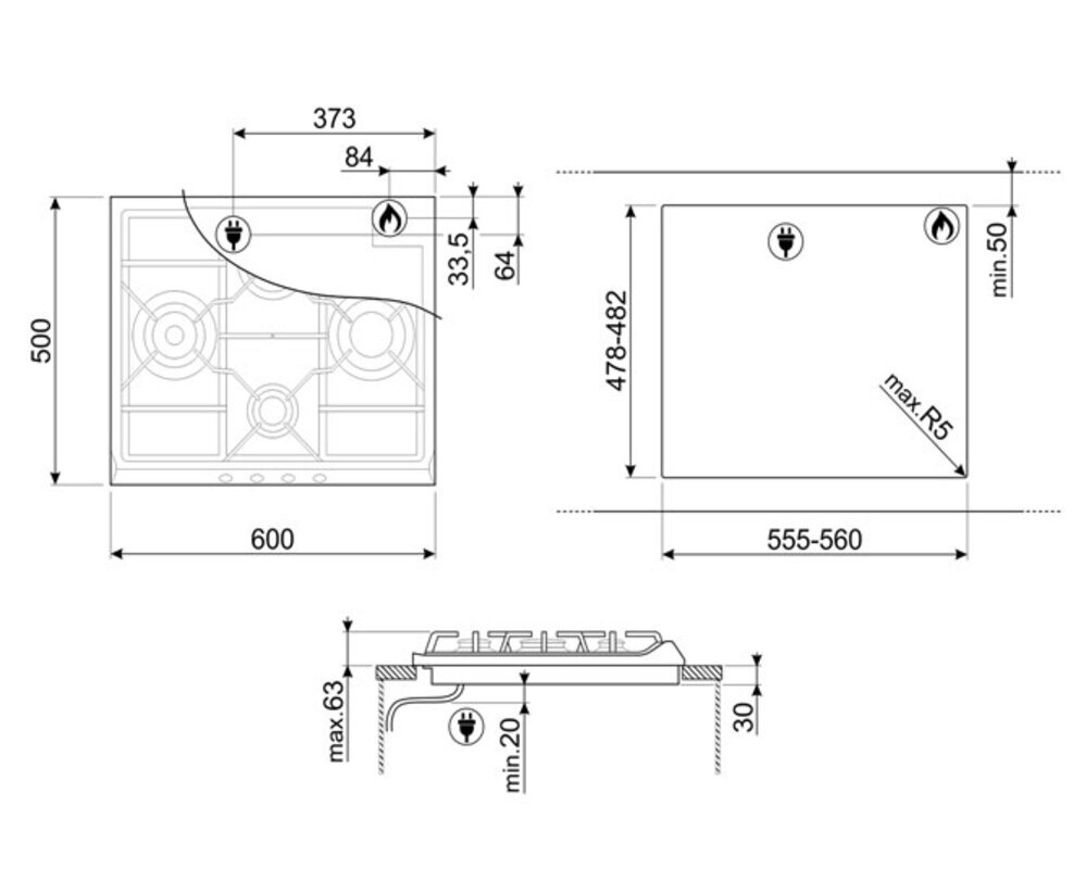 SMEG SER60SGH3 Газовая варочная панель,60 cм, нержавеющая сталь, фурнитура серебристая.