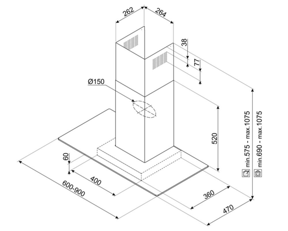 SMEG KBT600VE Вытяжка настенная, 60 см, нержавеющая сталь + стекло.
