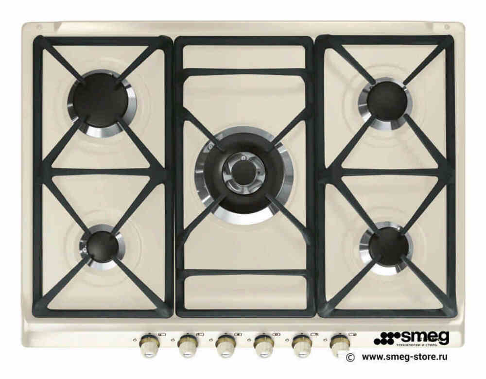 SMEG SR775PO Газовая варочная панель, 70 см, кремовая, фурнитура латунная.