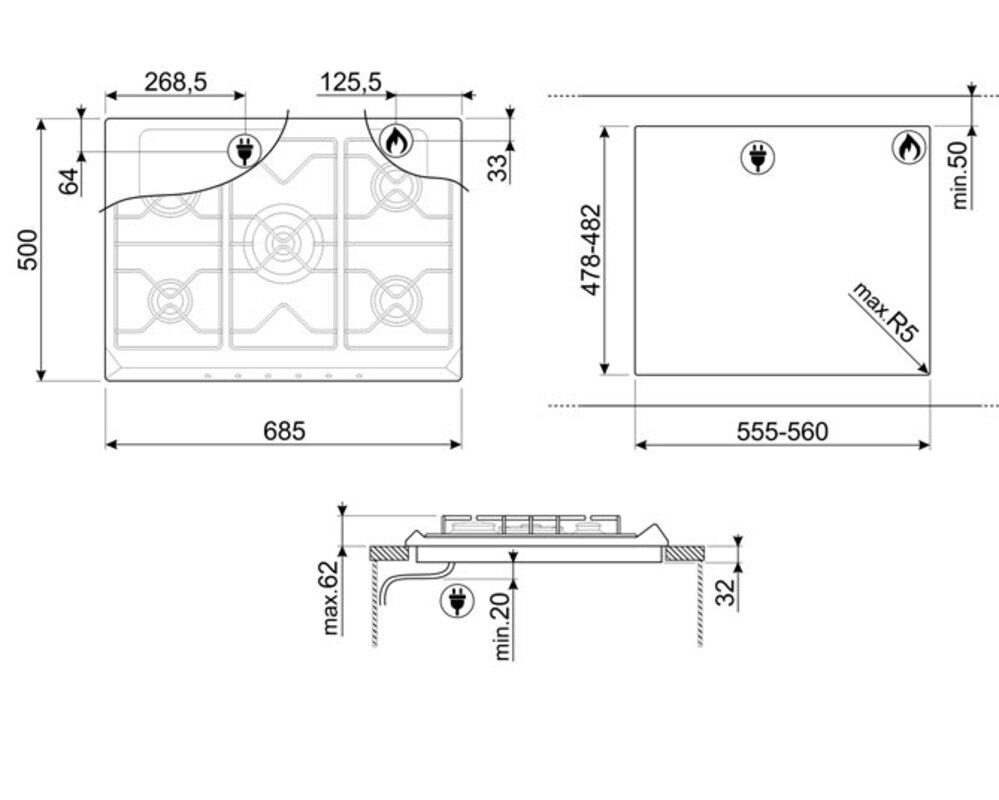 SMEG SRV876AOGH Газовая варочная панель,70 см, антрацит, фурнитура латунная