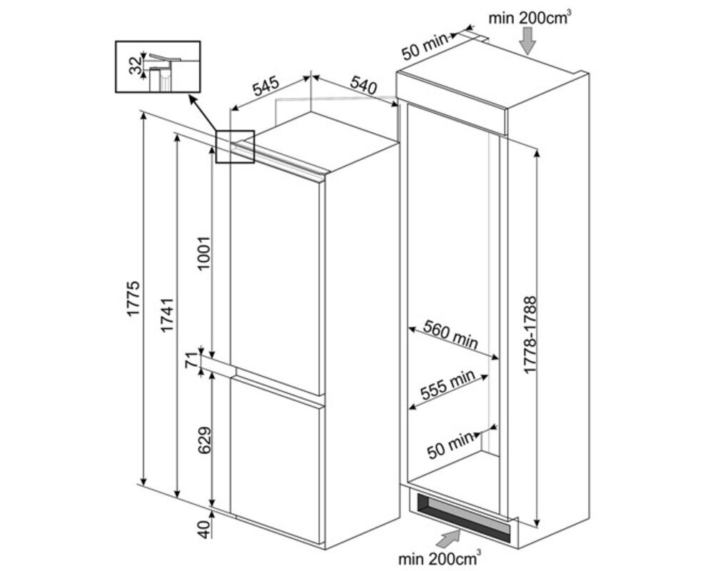 SMEG C8175TNE Встраиваемый комбинированный холодильник, No-Frost