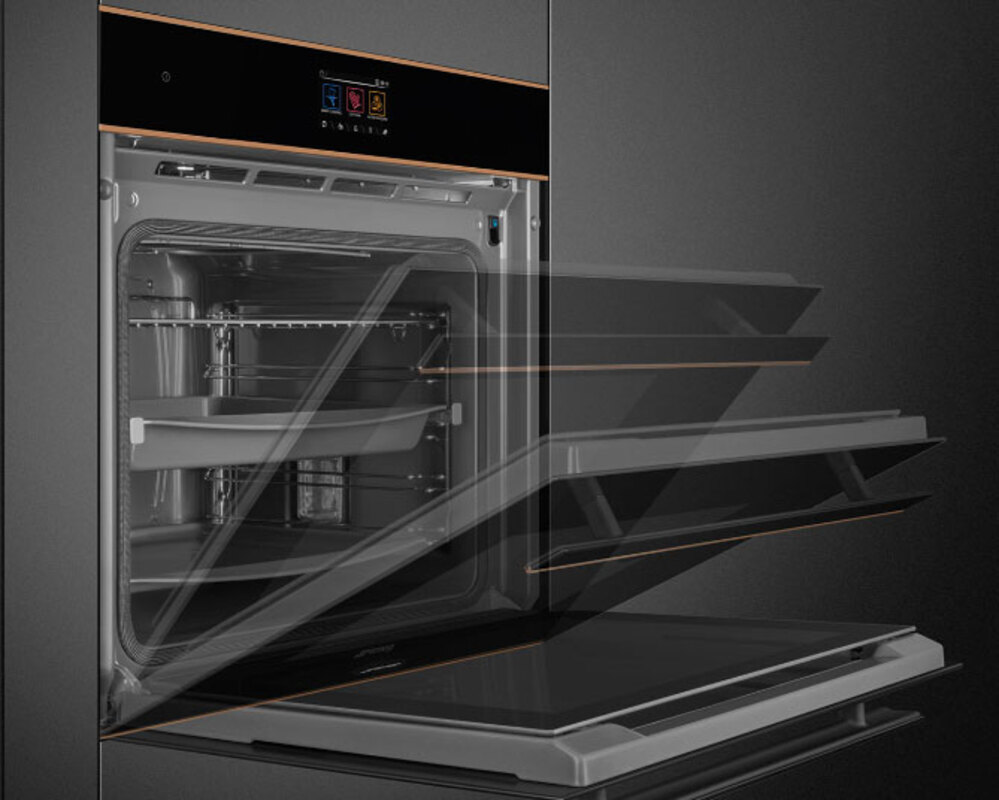 SMEG SOP6604TPNR Многофункциональный духовой шкаф с пиролизом, 60 см, 10 функций, чёрное стекло Eclipse, медный профиль