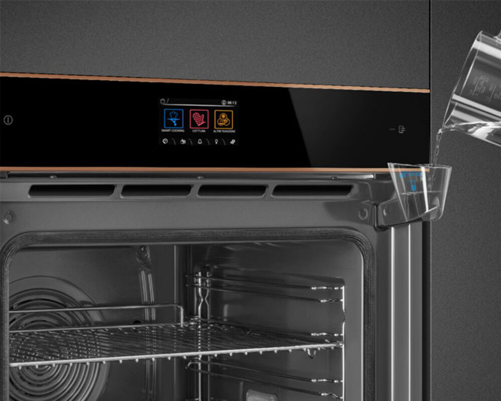 SMEG SOP6604S2PNR Многофункциональный духовой шкаф с пиролизом и пароувлажнением, 60 см, 19 функций, чёрное стекло Eclipse, медный профиль