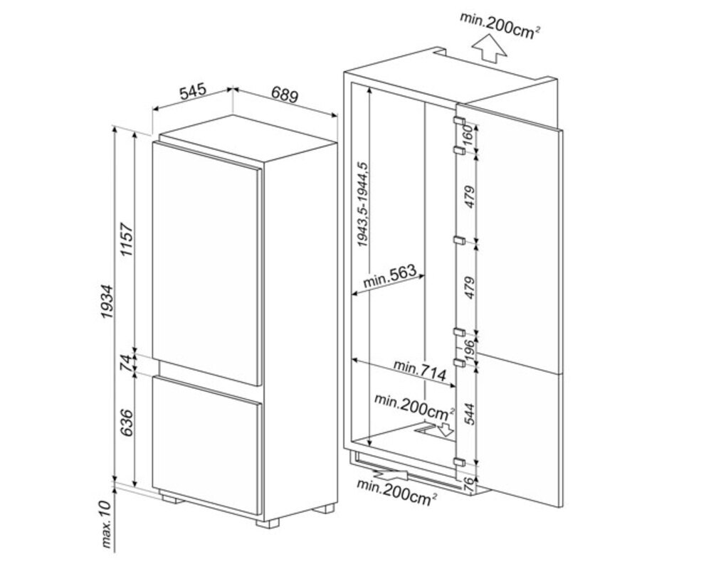 SMEG C875TNE Встраиваемый комбинированный холодильник, ширина 68,9 см, полный No-Frost