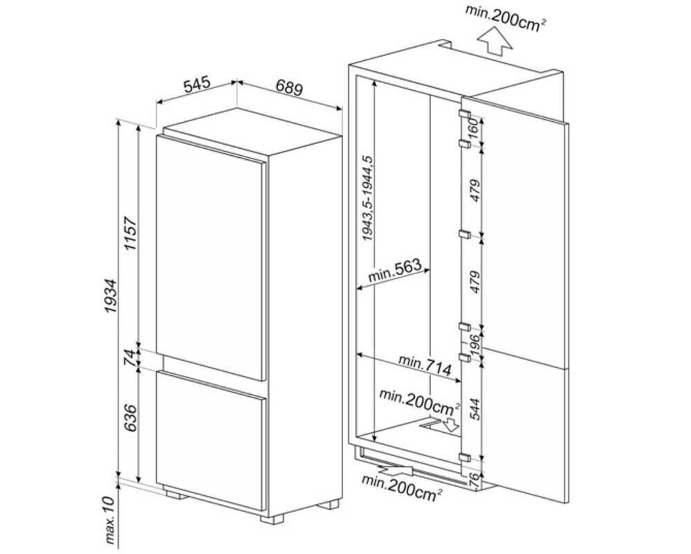 SMEG C475VE Встраиваемый комбинированный холодильник, ширина 68,9 см