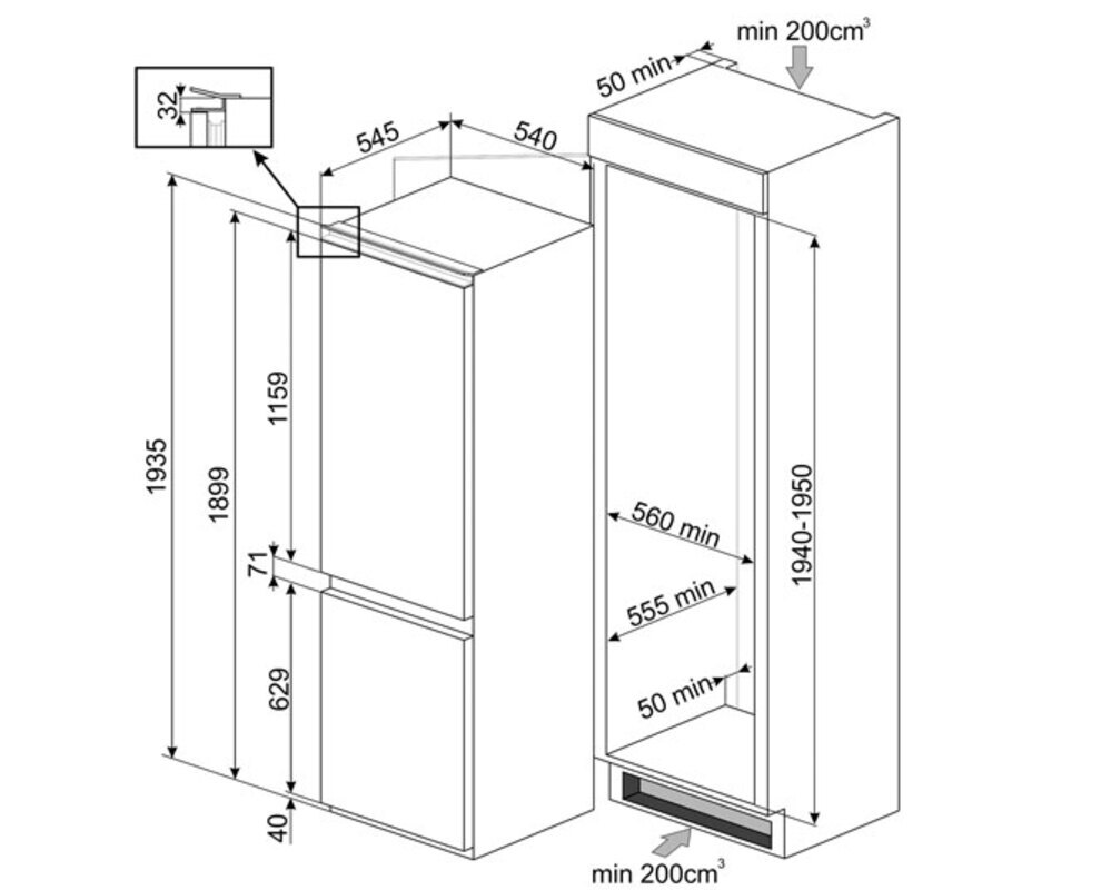 SMEG C8194TNE Встраиваемый комбинированный холодильник, No-Frost