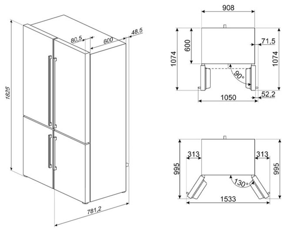 SMEG FQ60BDE Отдельностоящий 4-х дверный холодильник Side-by-Side, No-frost, 90.8 см, цвет белый