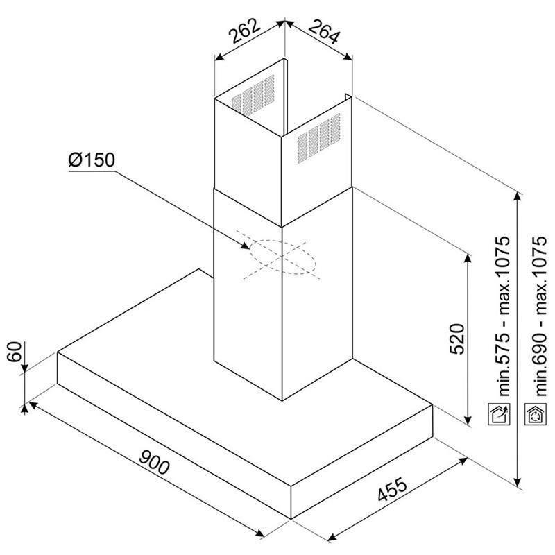 SMEG KBT9L4VN Вытяжка настенная, 90 см, нержавеющая сталь + чёрное стекло