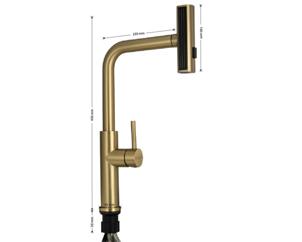 Смеситель кухонный MAGNUS 9134 Г-образный выдвижной, Матовое Золото