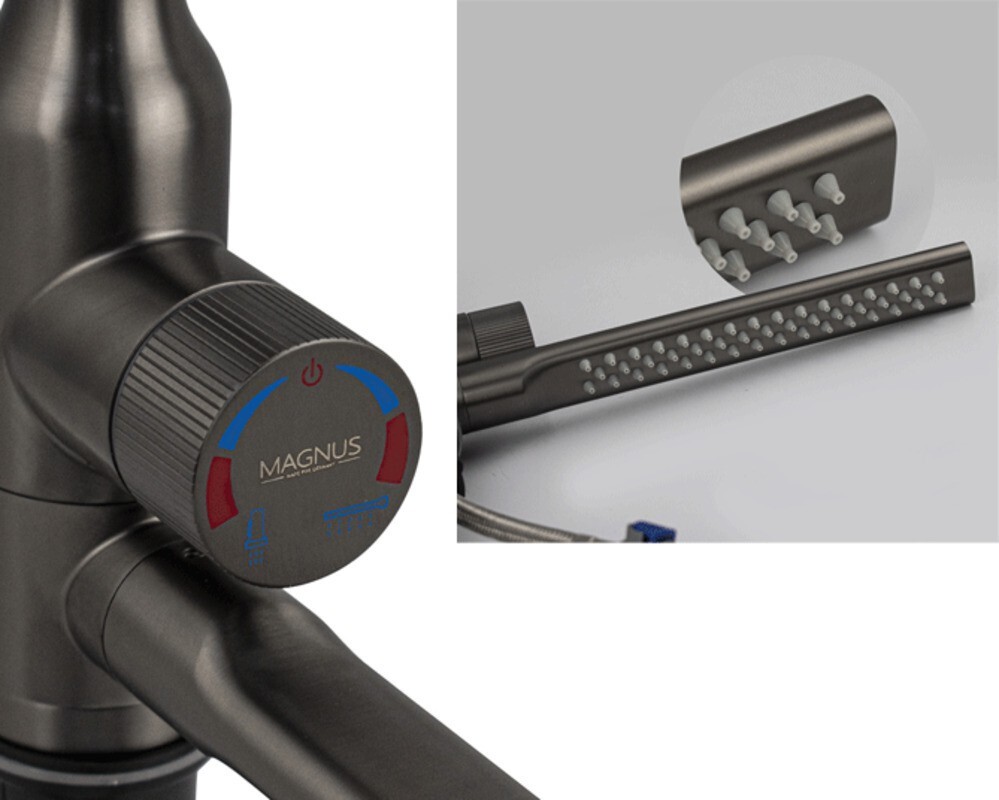 Смеситель кухонный MAGNUS 9136 Г-образный выдвижной с каскадной лейкой, Графит