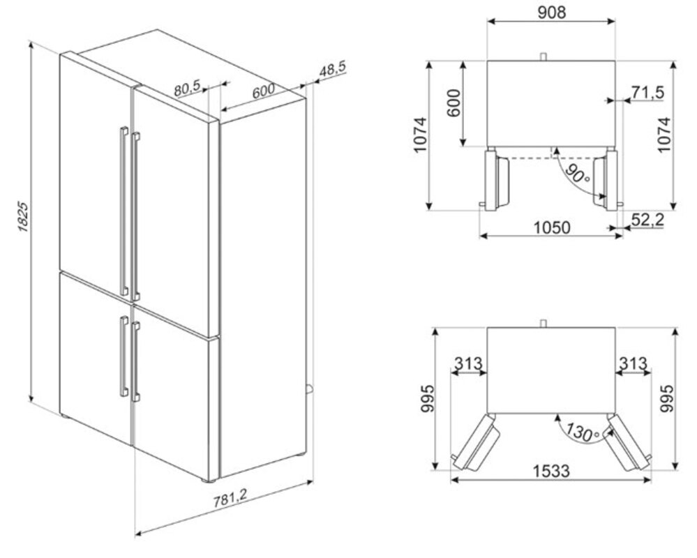 SMEG FQ60NDE Отдельностоящий 4-х дверный холодильник Side-by-Side, No-frost, 90.8 см, цвет чёрный