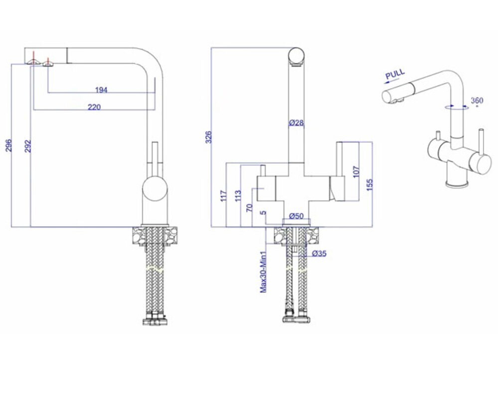 Смеситель Esko K112 вытяж. излив, подкл. фильтра, нерж.