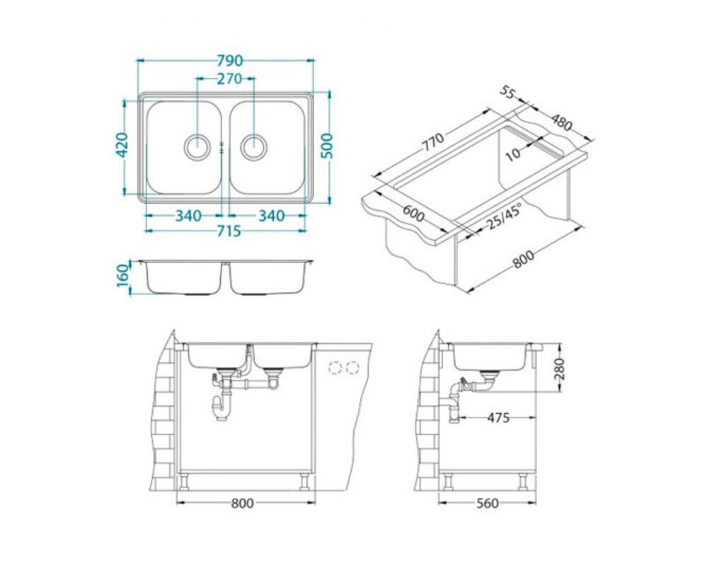 Мойка ALVEUS LINE 90 NAT-90 790X500 2X в компл. с сифоном 1130555,