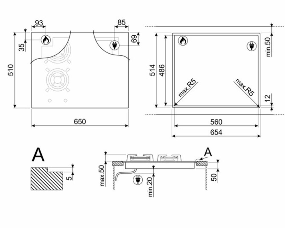 SMEG PM3643D Комбинированная варочная панель газ + индукция, 65 см, прямой край