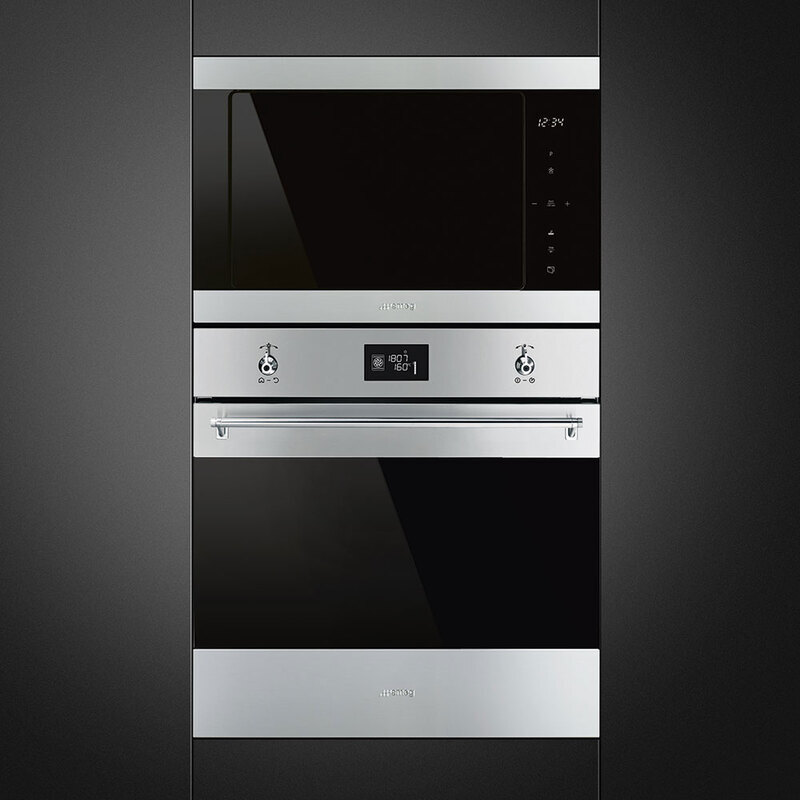 SMEG FMI325X  Встраиваемая микроволновая печь, 60 см, высота 38 см, черное стекло + нержавеющая сталь.