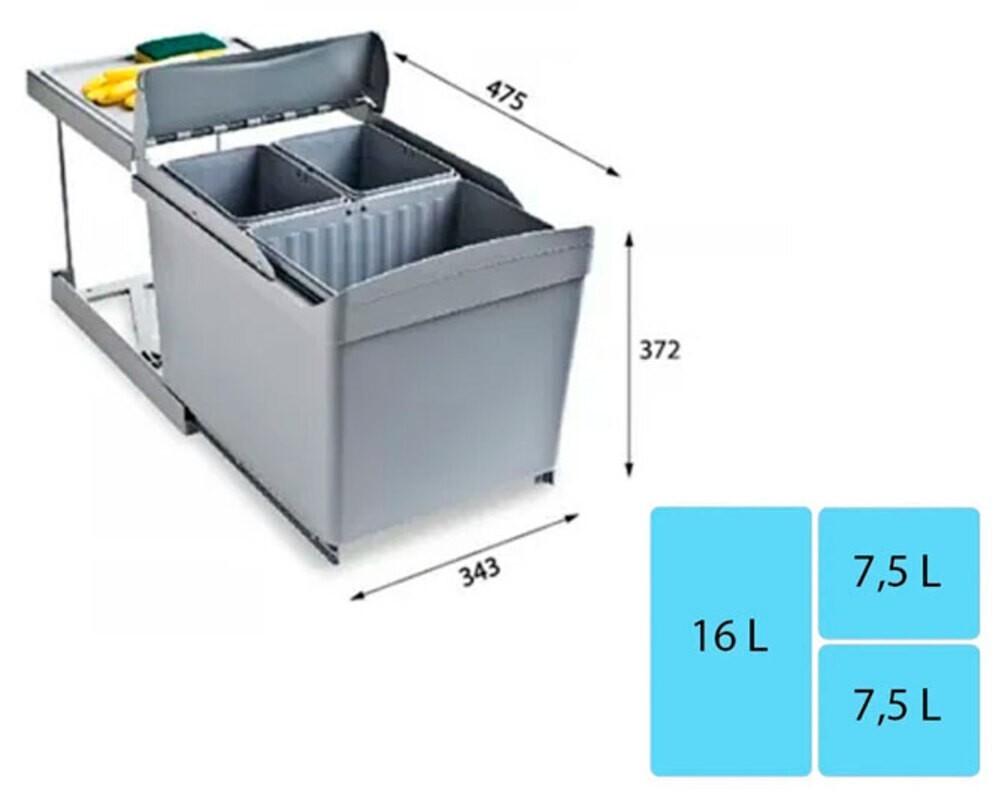 Система сортировки мусора ALBIO 30 1X16 L+2X7,5 L серый пластик ALVEUS,