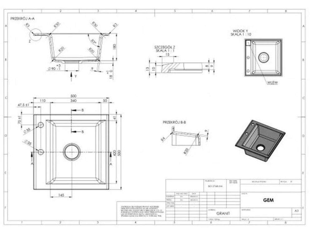 Мойка ALVEUS  GEM 10 GRANITAL G91 500X500X180 в комплекте с сифоном 1130548