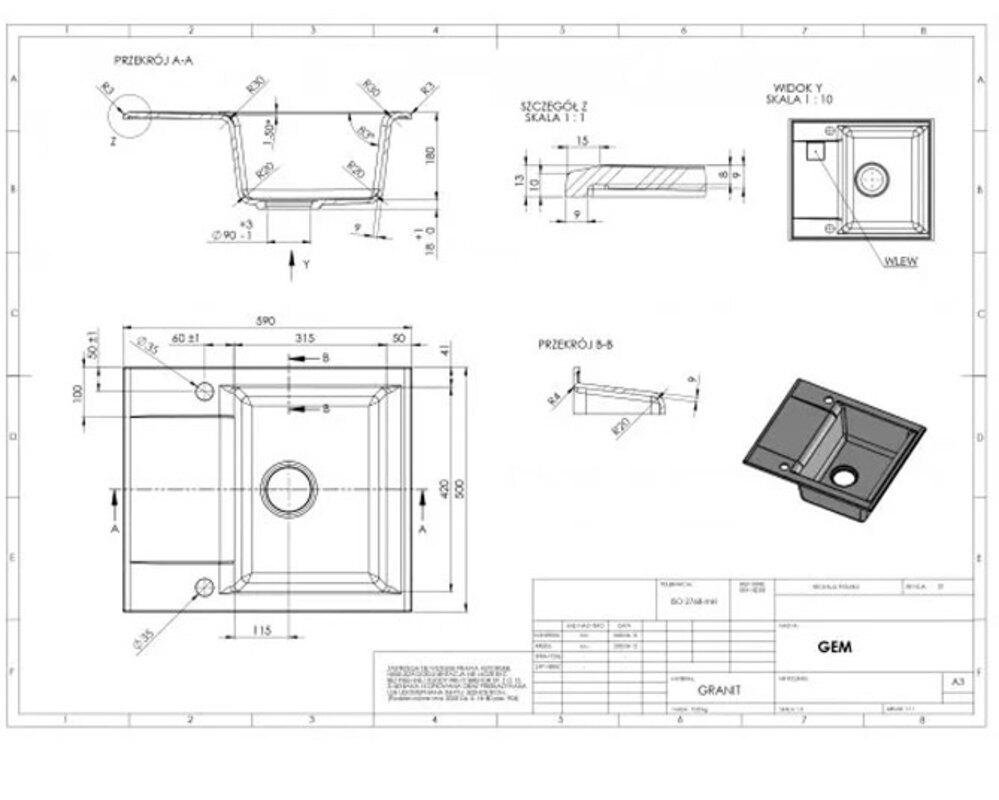 Мойка ALVEUS  GEM 20 GRANITAL G91 590X500X180 в комплекте с сифоном 1130548