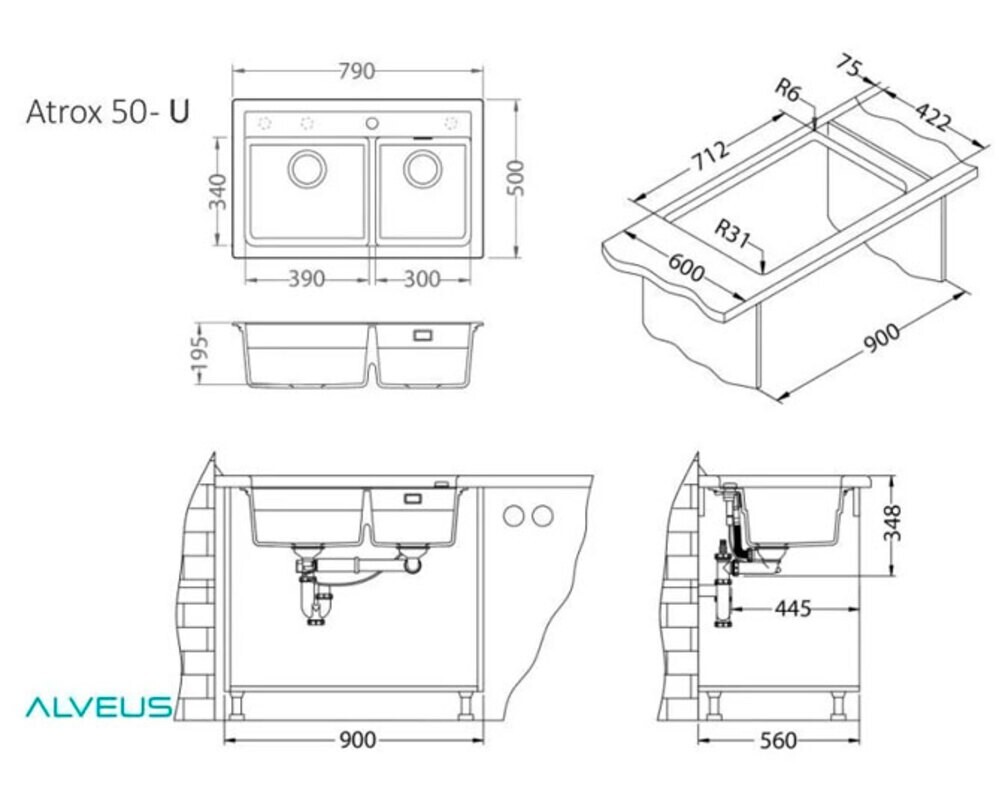 Мойка ALVEUS  GRANITAL ATROX 50 TERRA - G22 790x500x195 в комплекте с сифоном 1132822,