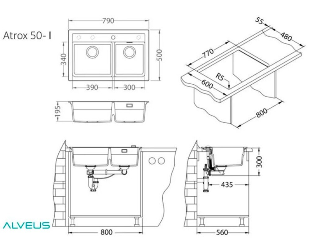Мойка ALVEUS  GRANITAL ATROX 50 TERRA - G22 790x500x195 в комплекте с сифоном 1132822,