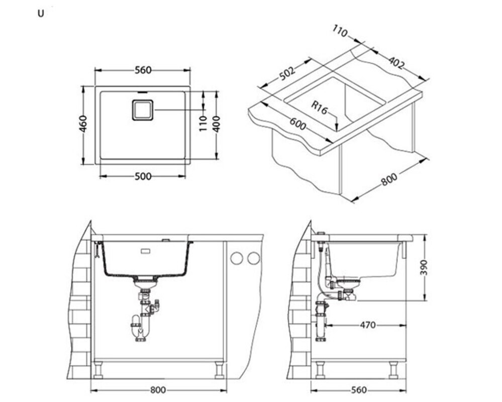 Мойка ALVEUS  QUADRIX 50 GRANITAL+ DEEP BLACK-G90 560X460X200 с сифоном 1133398