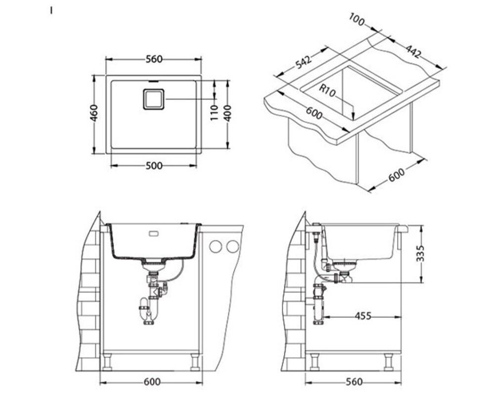 Мойка ALVEUS  QUADRIX 50 GRANITAL+ DEEP BLACK-G90 560X460X200 с сифоном 1133398