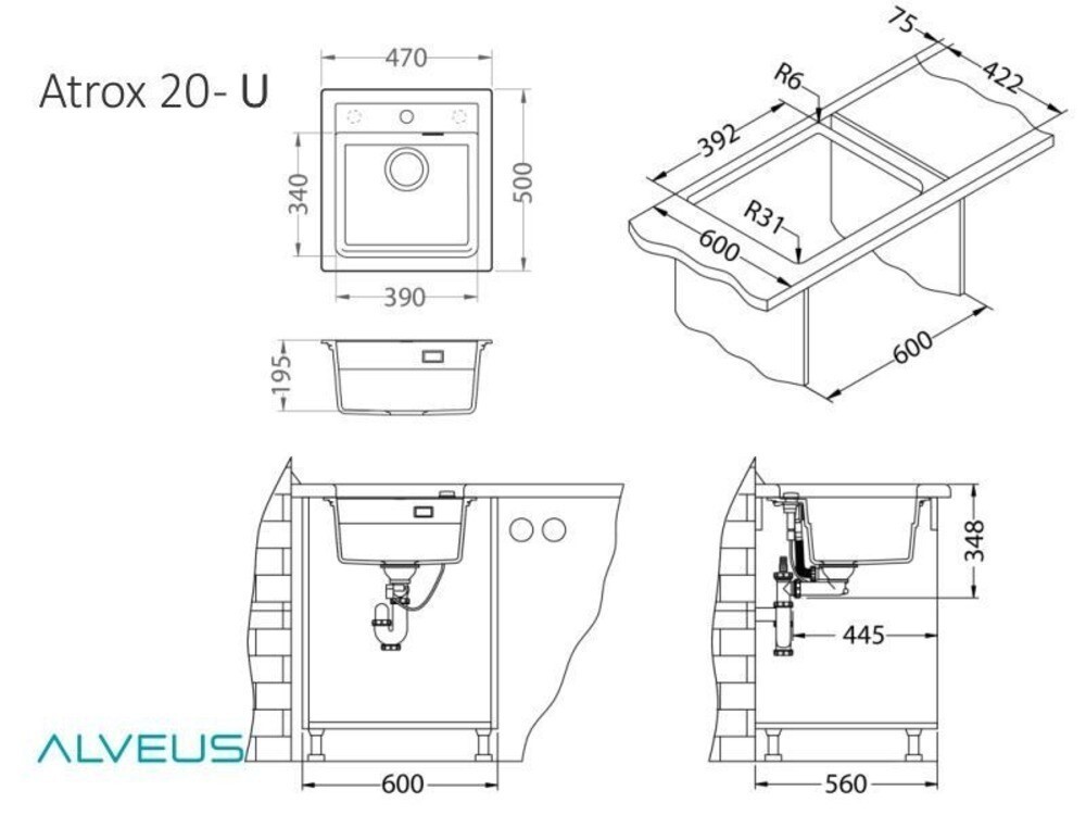 Мойка ALVEUS  GRANITAL ATROX 20 CARBON - G91 470 X  500  1X в комплекте с сифоном 1132823,
