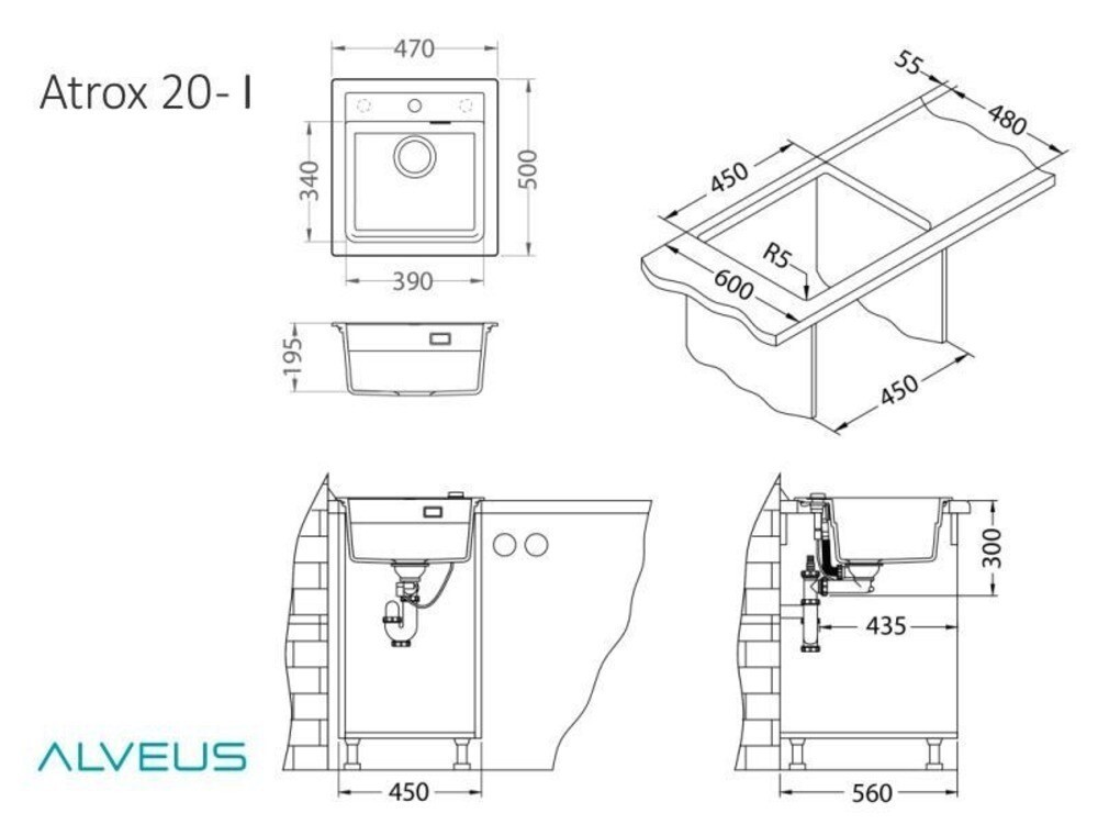Мойка ALVEUS  GRANITAL ATROX 20 CARBON - G91 470 X  500  1X в комплекте с сифоном 1132823,