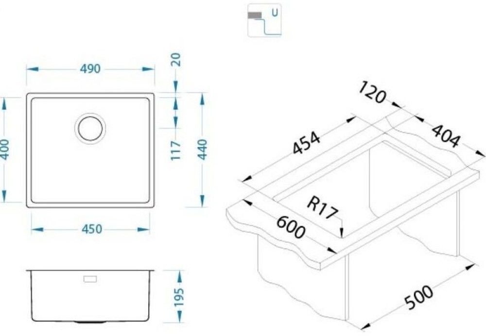 Мойка ALVEUS KOMBINO 40 SAT-90 450X400X200  в комплекте с сифоном 1130551