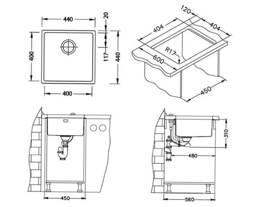 Мойка ALVEUS KOMBINO 30 SAT-90 400X400X 200  в комплекте с сифоном 1130551