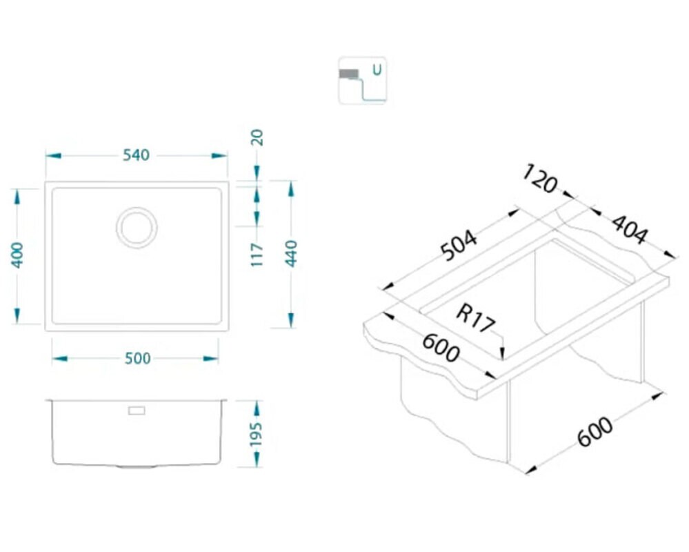 Мойка ALVEUS KOMBINO 50 SAT-90 500X400X195  в комплекте с сифоном 1130550 без коробки