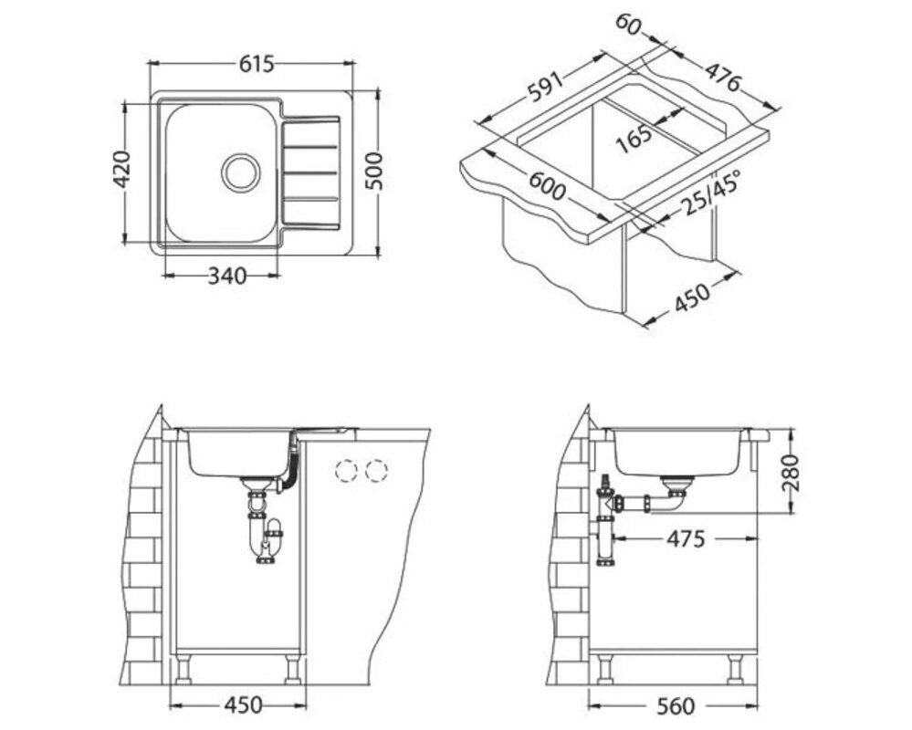 Мойка ALVEUS LINE 110 NAT 90 FI 615X500 в компл. с сифоном 1130551,