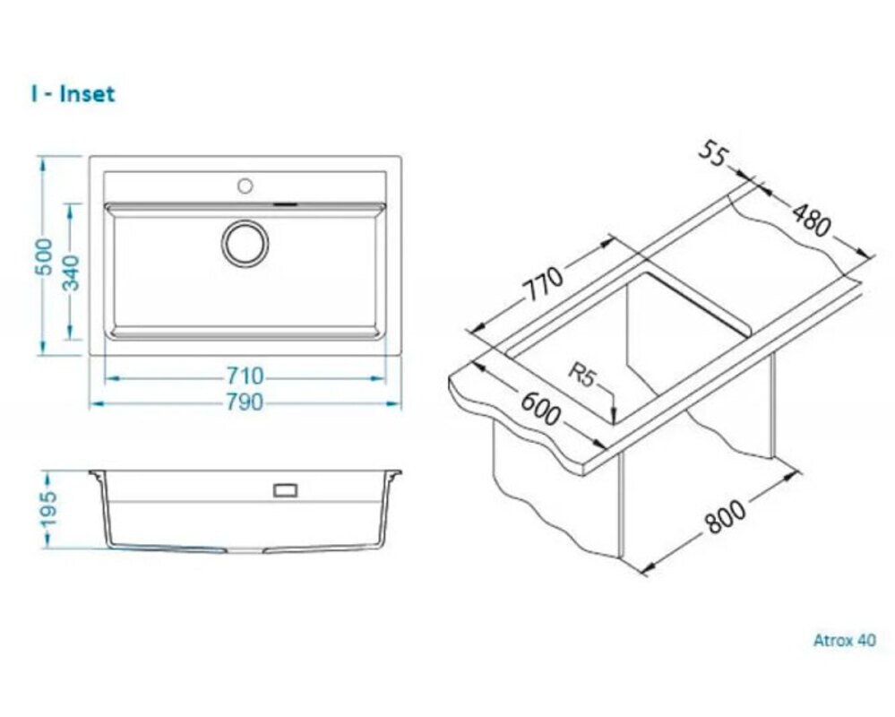 Мойка ALVEUS  GRANITAL ATROX 40 CONCRETE - G81 790 X  500  1X в комплекте с сифоном 1132823,