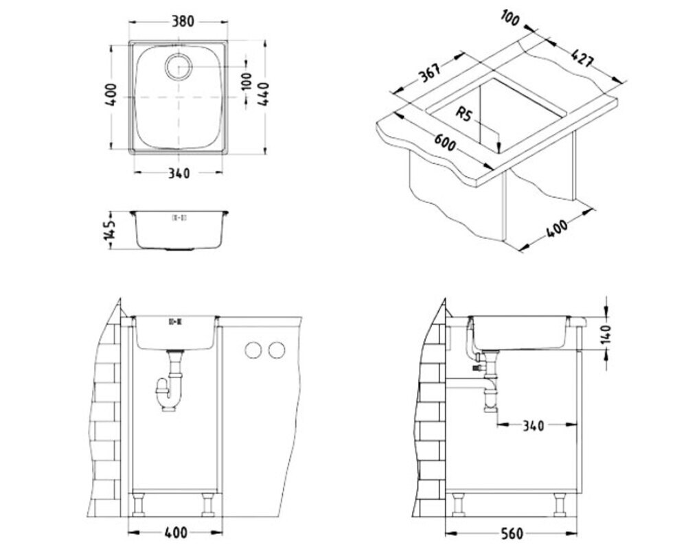 Мойка ALVEUS BASIC 10  LEI-90 380X440 в комплекте с сифоном 1130550,
