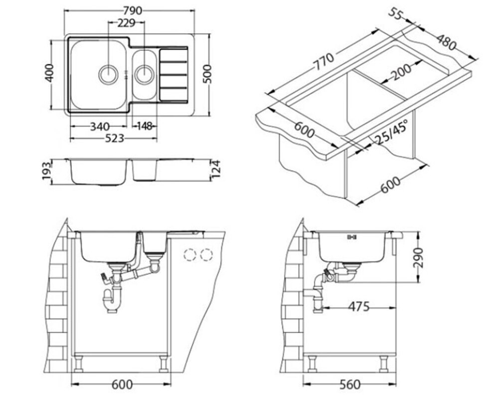 Мойка ALVEUS LINE MAXIM 70 SAT-90 795X505 в компл. с сифоном 1130555,