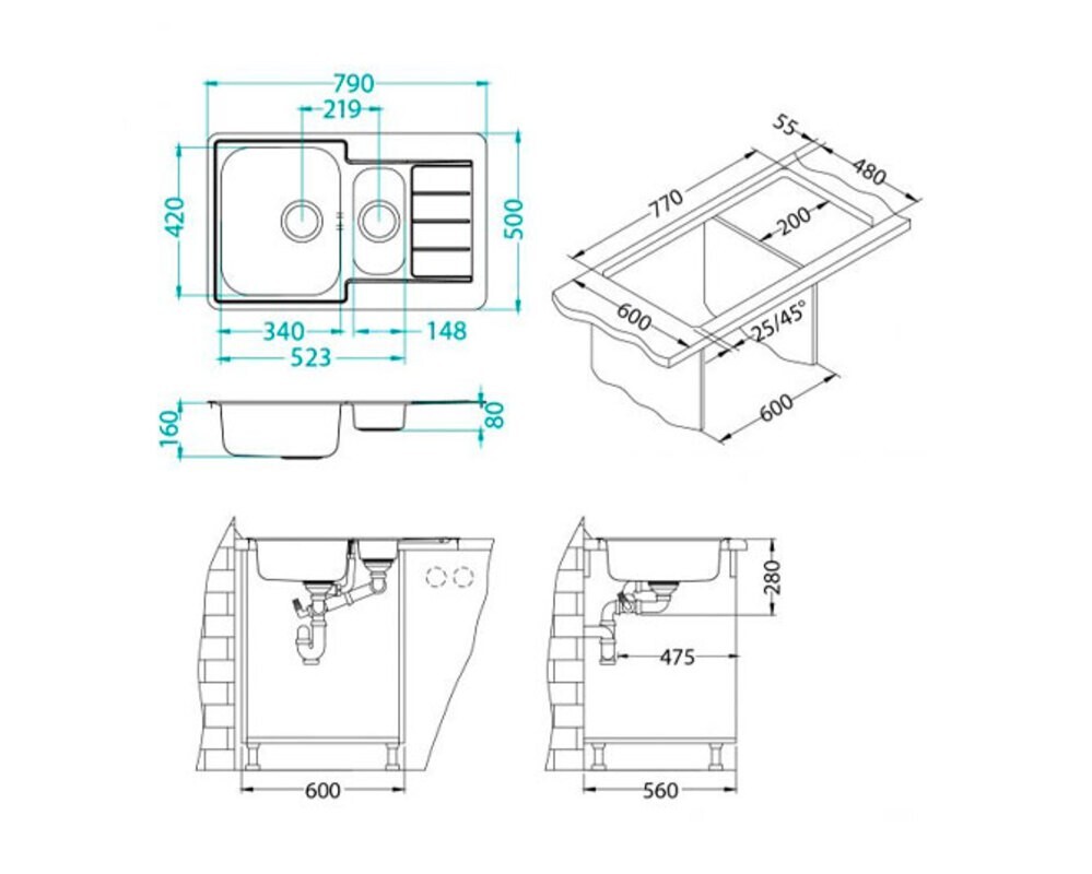 Мойка ALVEUS LINE 70 NAT-90 790X500 в компл. с сифоном 1130555,