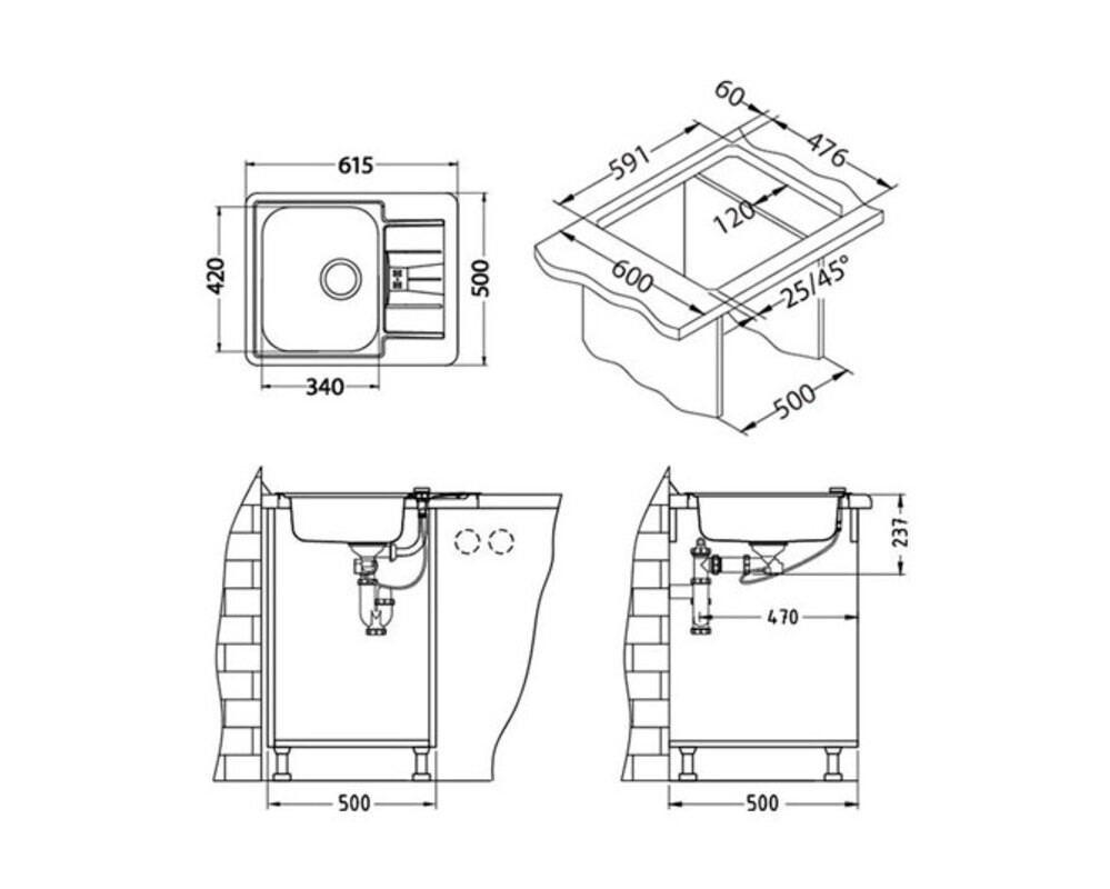 Мойка ALVEUS LINE 60 NAT-90  615X500 в компл. с сифоном 1064388,