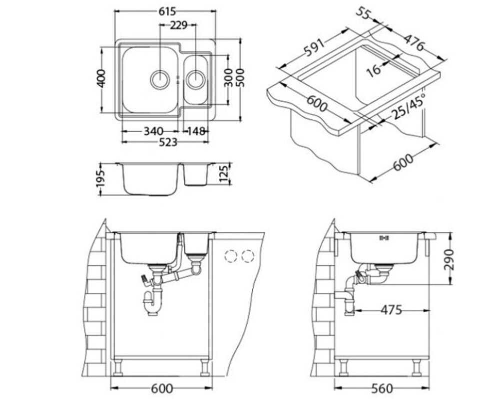 Мойка ALVEUS LINE MAXIM 50  SAT-90 610X500 в компл. с сифоном 1130555,